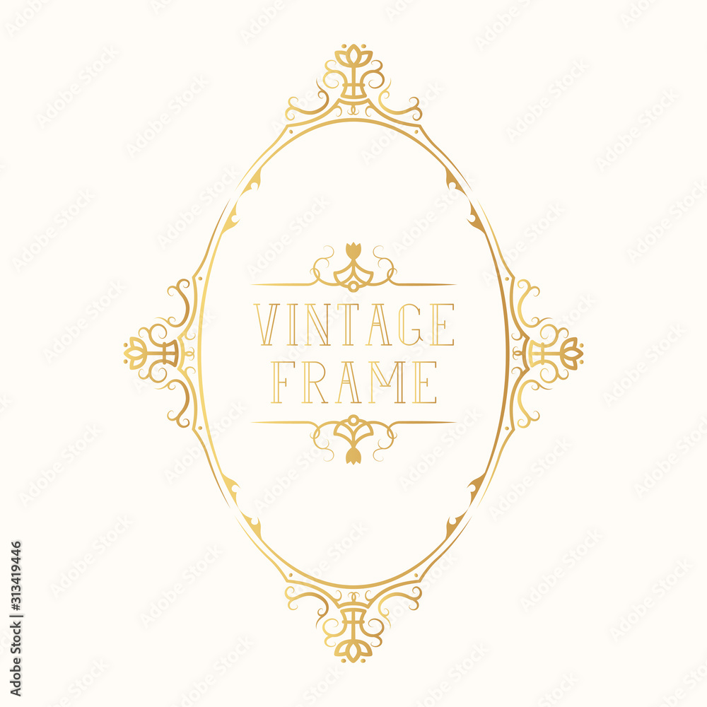 Golden vintage wedding border. Oval gold royal frame.  Vector isolated victorian element.