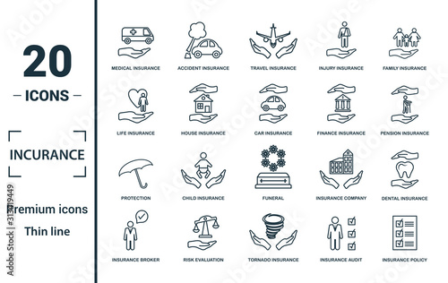 Insurance icon set. Include creative elements medical insurance, travel insurance, life insurance, finance insurance, protection icons. Can be used for report, presentation, diagram, web design