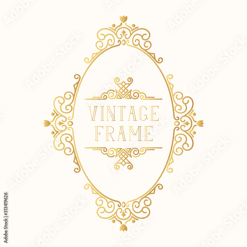 Hand drawn golden oval frame. Vintage ornate classic wedding border. Vector isolated gold calligraphic invitation card.