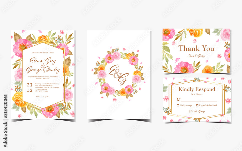 Naklejka premium set of gorgeous floral wedding invitation with pink and yellow flowers