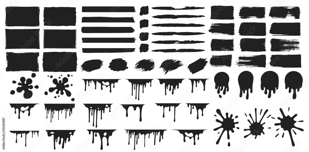 Set of rectangular paint splatters, grunge rough shapes. Chalk edge box frame. Distressed badge. Vector isolated ink background.
