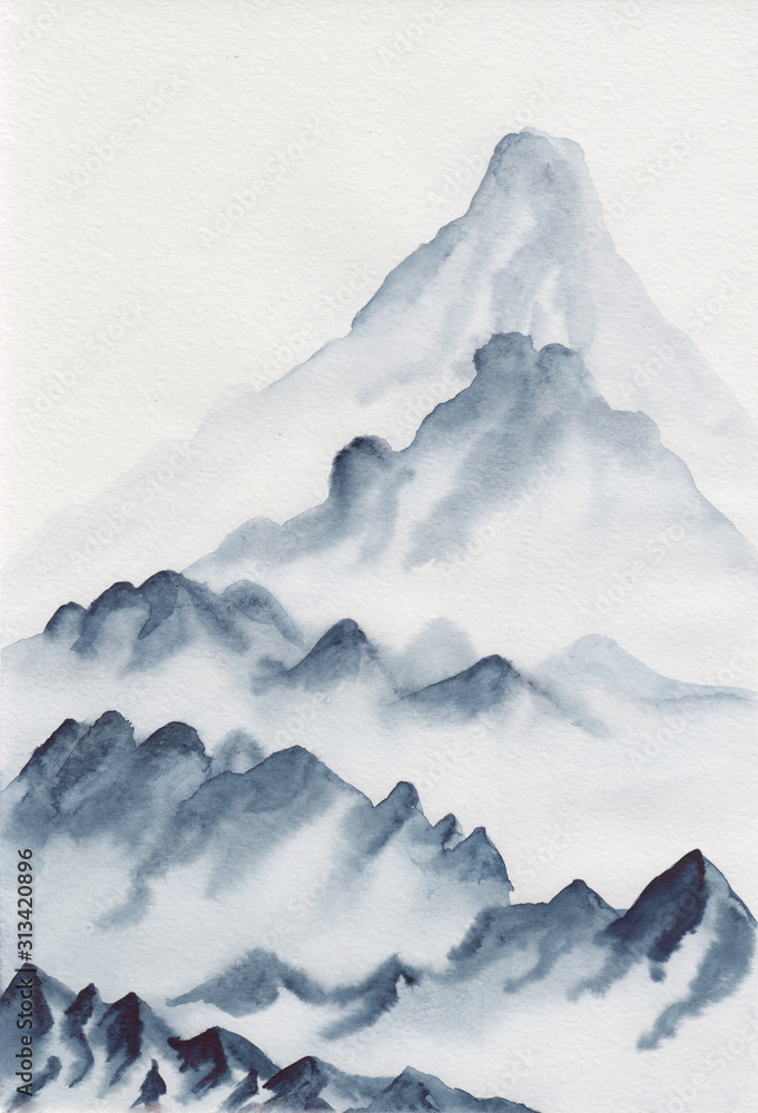 Obraz Watercolor painting of asian mountains. Hand drawn oriental style landscape illustration with layers of rocks. Concept for decoration, relaxation, restore, meditation background.