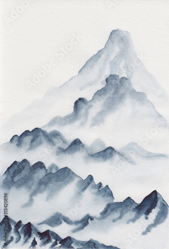 Obraz na płótnie Watercolor painting of asian mountains. Hand drawn oriental style landscape illustration with layers of rocks. Concept for decoration, relaxation, restore, meditation background.