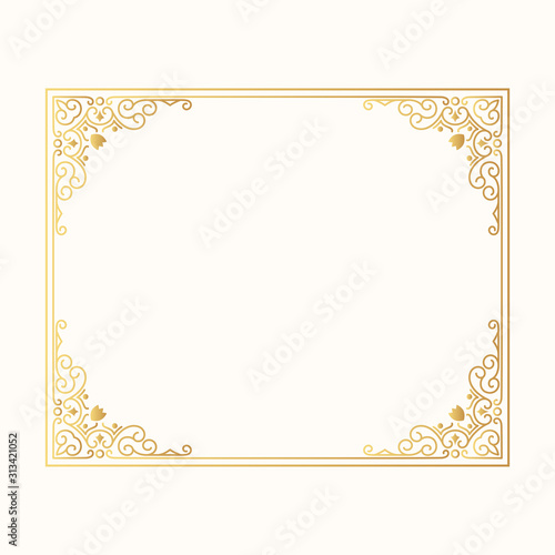 Hand drawn wedding gold vintage rectangular frame. Vector isolated classic victorian golden border.