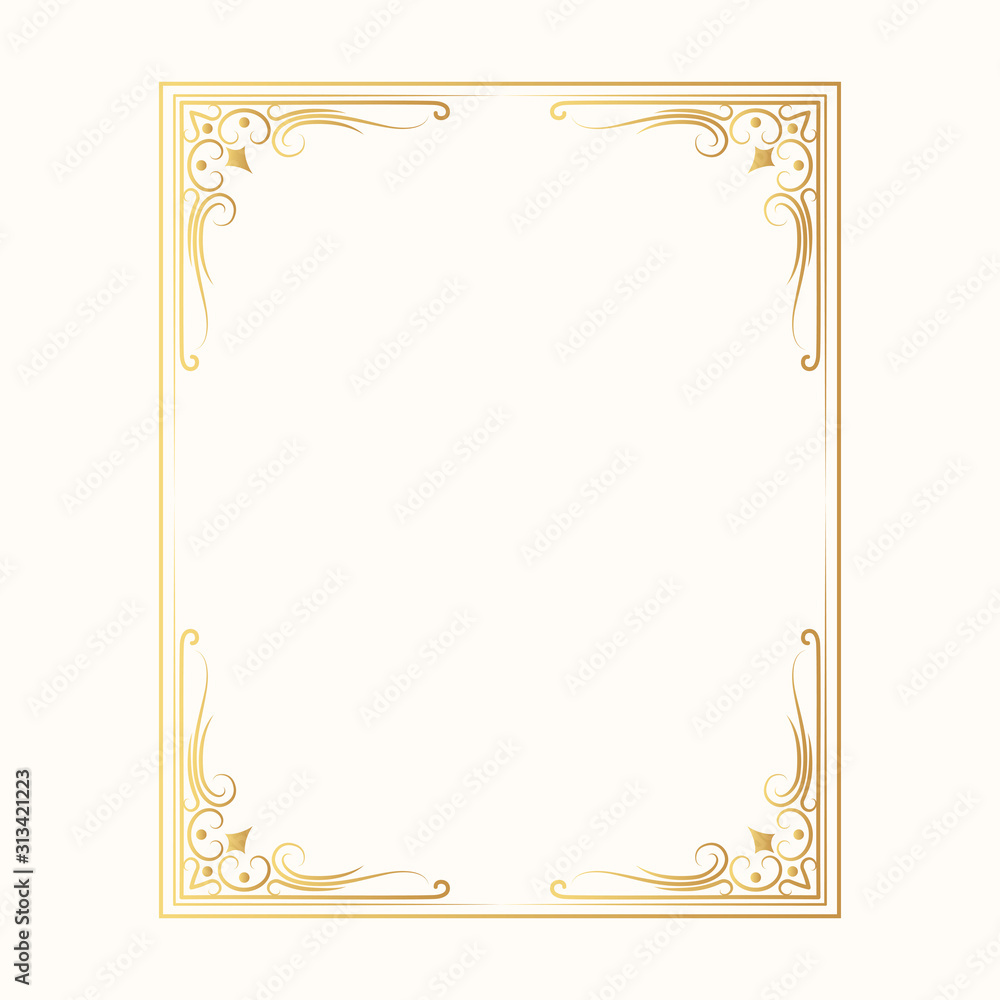 Hand drawn golden vintage frame. Classic victorian gold border. Vector