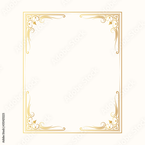 Hand drawn golden vintage frame. Classic victorian gold border. Vector isolated wedding invitation card.