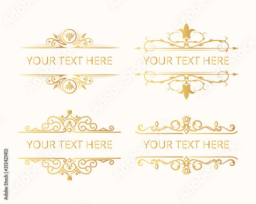 Set of hand drawn golden vintage frames for design templates. Vector isolated gold ornate royal borders. 