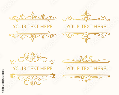 Set of hand drawn golden ornate royal borders for design templates. Vector isolated gold vintage frames. 