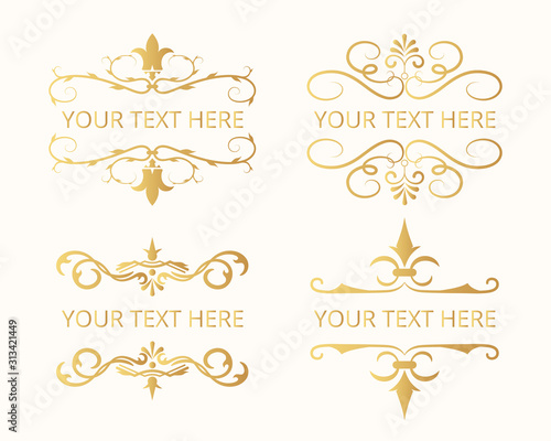 Golden vintage design frames set. Vector isolated gold ornate royal borders. Wedding templates. 