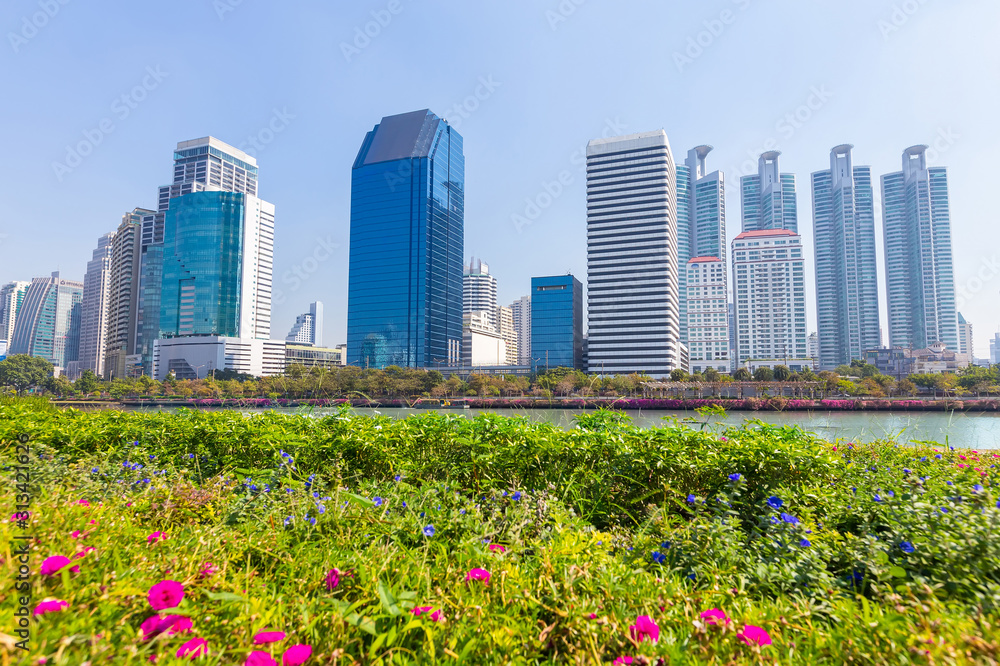 Naklejka premium Cityscape of the office building at Benchakitti park in the morning at Bangkok, Thailand. Tall building with park in the capital , Thailand.