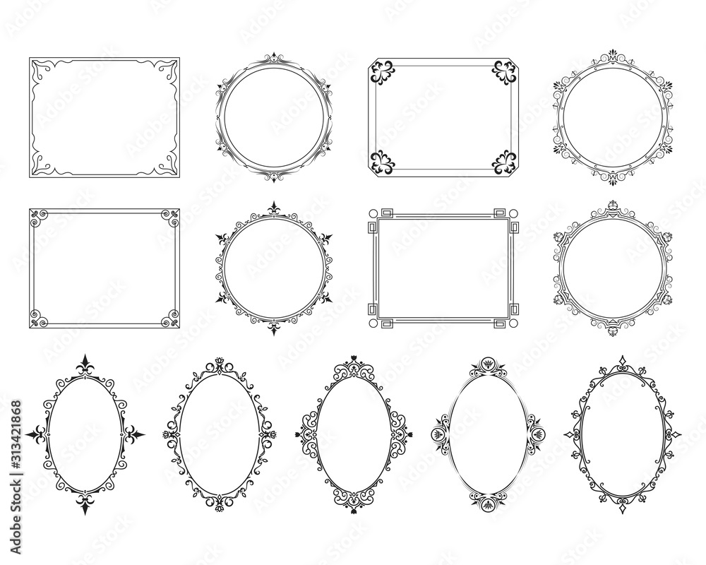 Royal elegant squared, round and oval frames set. Vector isolated