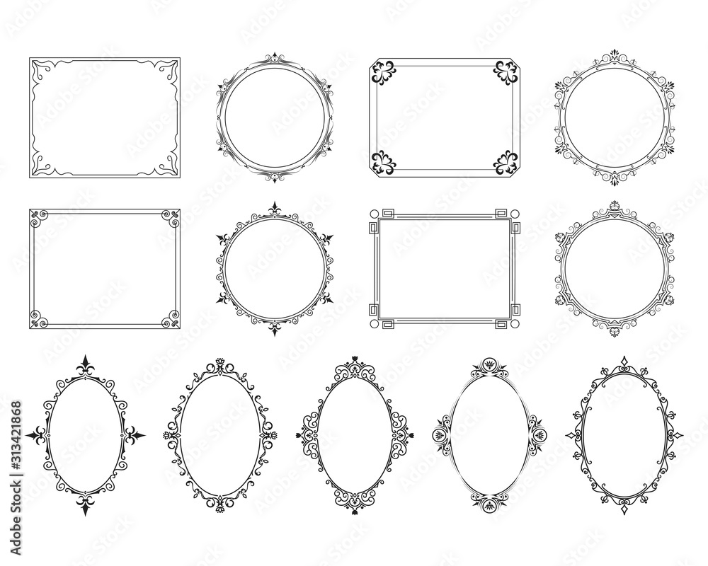 Royal elegant squared, round and oval frames set. Vector isolated victorian borders for wedding invitation. 