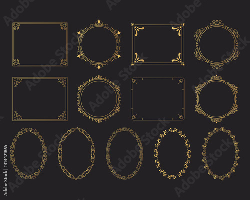 Set of golden royal wedding squared, round and oval frames. Vector isolated gold victorian borders. 