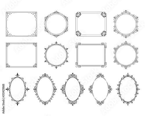 Royal elegant squared, round and oval frames set. Vector isolated victorian borders for wedding invitation. 