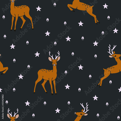 Seamless vector pattern with deer and stars on grey background. Simple animal dark wallpaper design. Elk footprints.