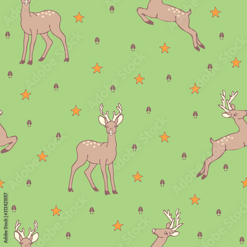 Seamless vector pattern with deer and star. Animal footprint wallpaper design on light green.  © Randmaart