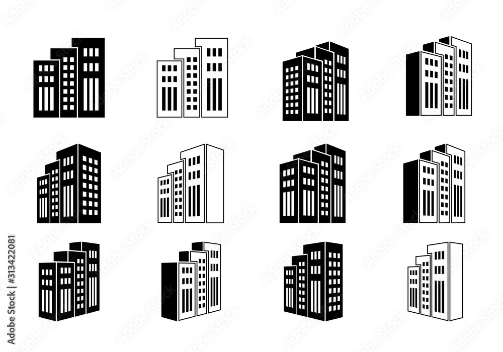 Building and company icon set on white background, Black line hotel condo and apartment illustration, Isometric graphic bank and office silhouette