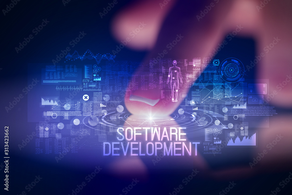 Finger touching tablet with web technology icons and SOFTWARE DEVELOPMENT inscription