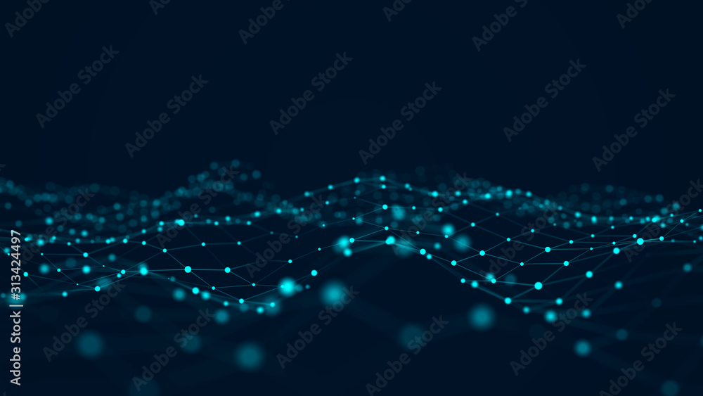 Obraz premium Futuristic abstract mesh. Wave with the connection of luminous points and lines. 3D rendering.