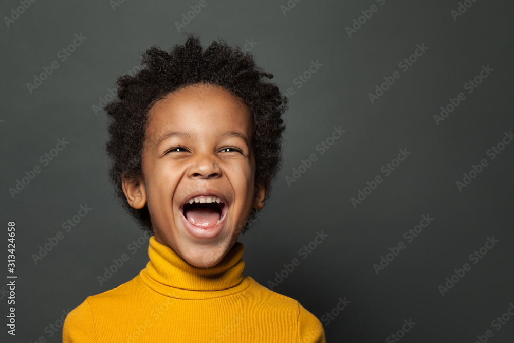 Little boy black child laughing. Closeup portrait - obrazy, fototapety, plakaty 