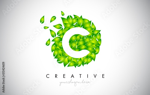 C Green Leaf Logo Design Eco Logo With Multiple Leafs Blowing in the Wind Icon Vector.