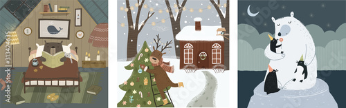Winter cute greeting cards. Vector fairy-tale illustrations of animals: bears in the house, a polar bear with penguins in the north and a deer with a Christmas tree. Drawings for happy new year 