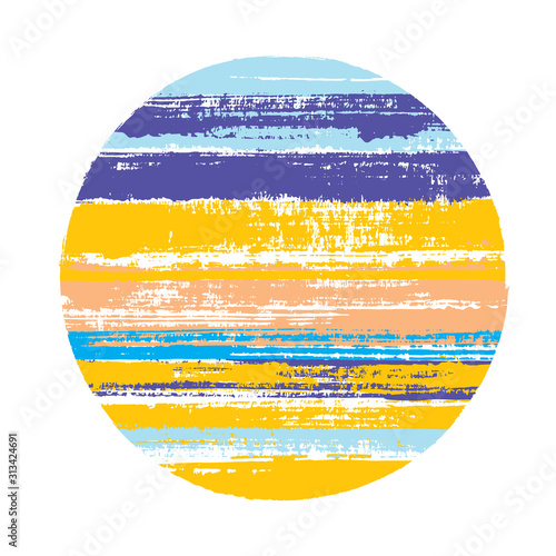 Abrupt circle vector geometric shape with stripes texture of ink horizontal lines. Old paint texture disc. Emblem round shape logotype circle with grunge stripes background.