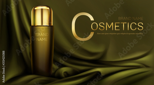 Perfume bottle on olive green silk fabric folded background, realistic vector. Cosmetic product ad, luxury packaging with golden cap for fragrance, lotion or serum on green satin cloth drapery, poster
