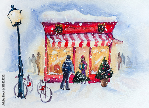Gift shop in Austria on a festive winter evening Christmas sketch watercolor