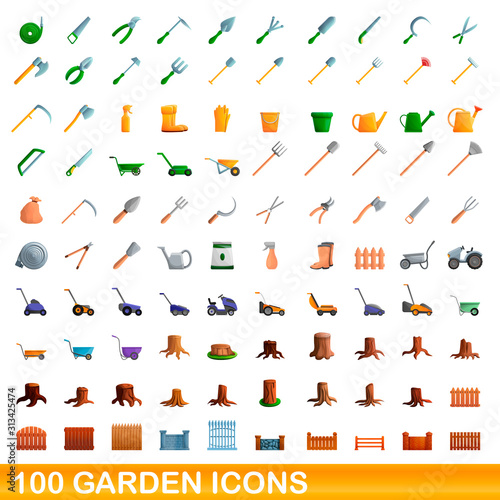 100 garden icons set. Cartoon garden of 100 garden icons vector set isolated on white background
