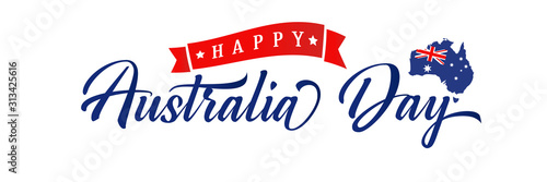 Happy Australia day elegant typography poster. Map of Australia with flag and calligraphy with red ribbon. 26 January, Australian holiday. Vector illustration