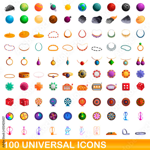 100 universal icons set. Cartoon illustration of 100 universal icons vector set isolated on white background