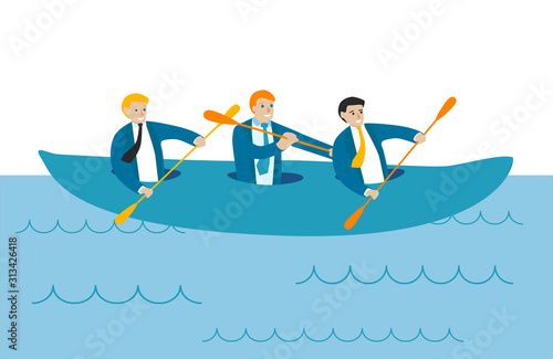 Illustration  business subjects, people in business suits are swimming on a boat, teamwork and personnel management