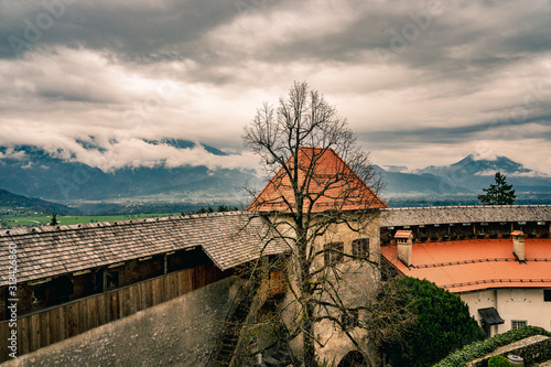 Canvas Print Castle on a Mountain Hill Bled Lake Slovenia Europe Alps
