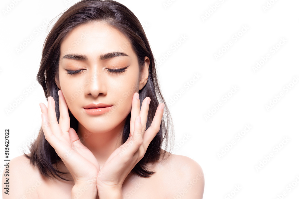 Beautiful young asian woman close eyes and touching her beauty face. Gorgeous girl has nice, perfect face skin with natural makeup. Secret of beauty skin is sleep early at night. Skin care concept Beautiful young asian woman close eyes and touching her beauty face. Gorgeous girl has nice, perfect face skin with natural makeup. Secret of beauty skin is sleep early at night. Skin care concept