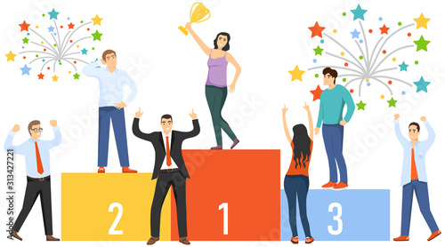 People are winners. A group of people mini characters stand on the podium of glory. Vector, cartoon illustration of a winners concept.