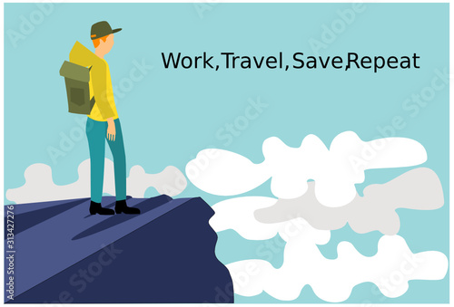 Man with backpack, traveller or explorer standing on top of mountain or cliff and looking on valley. Flat Vector
