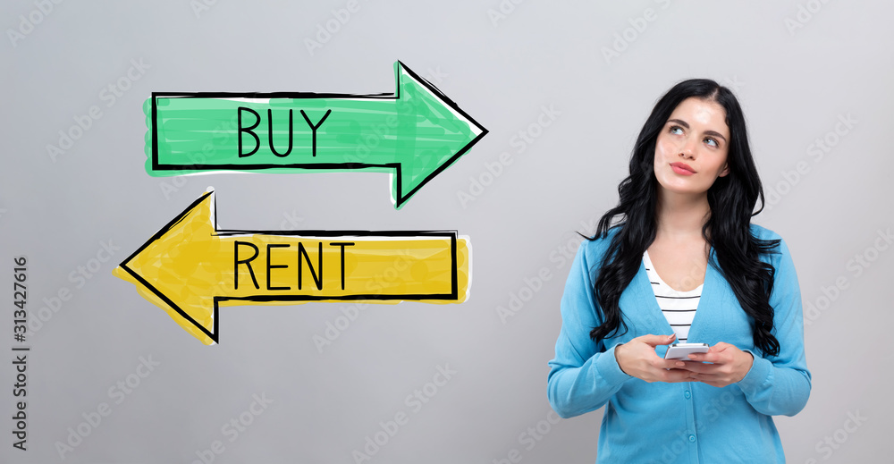 Buy or rent concept with thoughtful young woman holding a smartphone Buy or rent concept with thoughtful young woman holding a smartphone