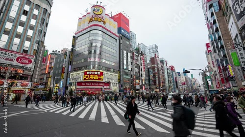 shinjuku, Tokyo, Japan- February 6, 2019: 4K time lapse video of Kabukicho street very famous shopping center city street and the entertainment district in Japan. photo