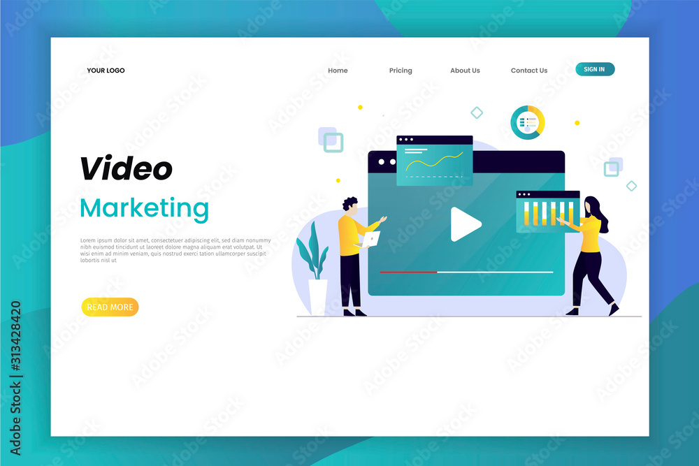 Video marketing and advertising landing page. This design can be used for websites, landing pages, UI, mobile applications, posters, banners