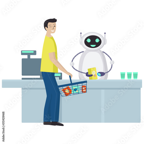 Man makes purchases in supermarket. Robot is working at the checkout.