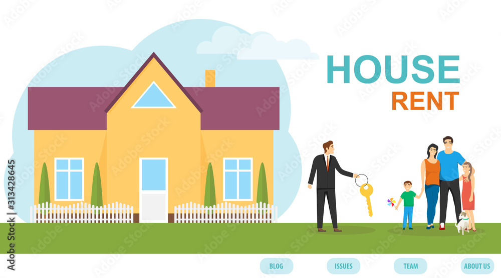 Rental housing. An insurance agent is handing a house key to a young family. Buying a home. Moving to a new home. Vector, cartoon illustration of a deal concept.