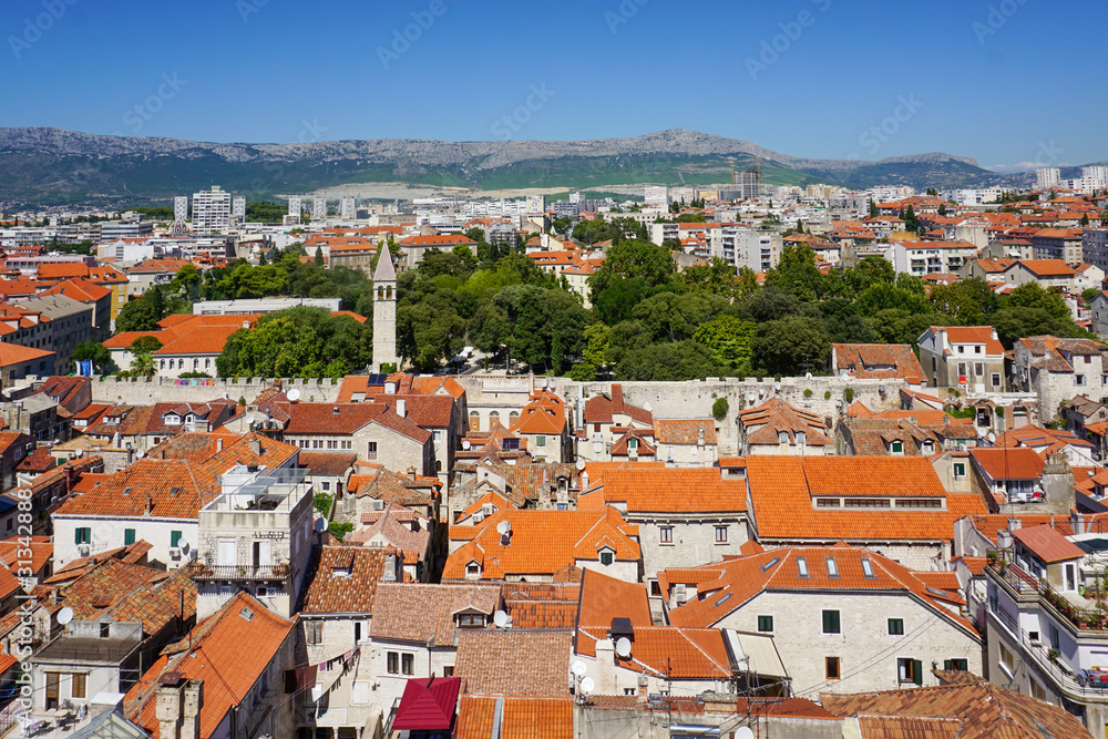 View of the northwestern part of Split from the bell tower of the Split Palace. Old city, wall, in the distance is visible the bell tower and chapel of St. Arnir