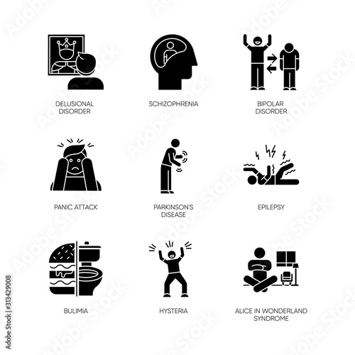 Mental disorder glyph icons set. Schizophrenia. Bipolar disorder. Panic attack. Parkinson disease. Epilepsy. Bulimia. Hysteria. Alice in wonderland. Silhouette symbols. Vector isolated illustration