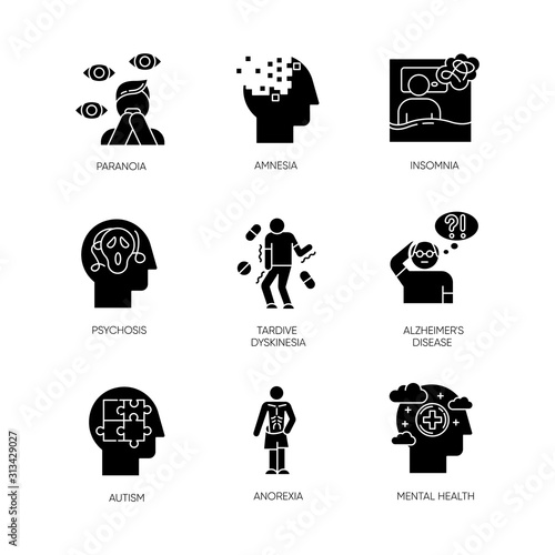Mental disorder glyph icons set. Paranoia, psychosis. Amnesia, insomnia. Tardive dyskinesia. Alzheimer disease. Autism. Anorexia. Anxiety, depression. Silhouette symbols. Vector isolated illustration