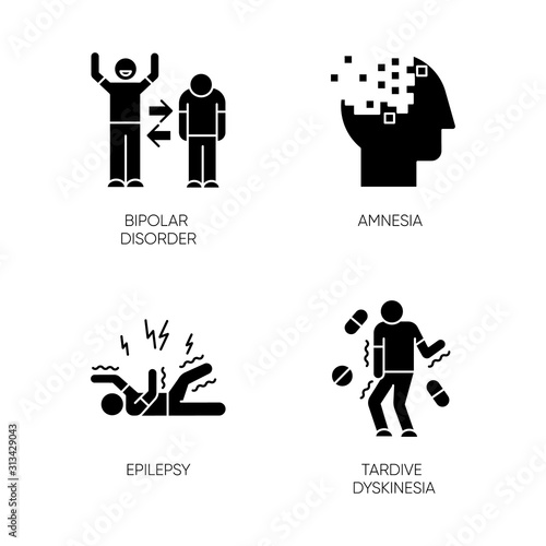 Mental disorder glyph icons set. Manic and depressive episodes. Bipolar disorder. Amnesia. Memory loss. Epileptic seizure. Tardive dyskinesia. Silhouette symbols. Vector isolated illustration