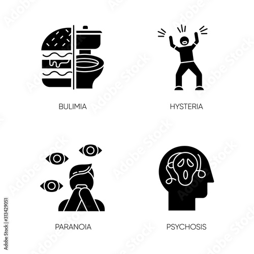 Mental disorder glyph icons set. Bulimia. Eating disorder. Hysteria. Panic attack. Anxiety, depression. Paranoia. Fear and phobia. Psychosis. Silhouette symbols. Vector isolated illustration