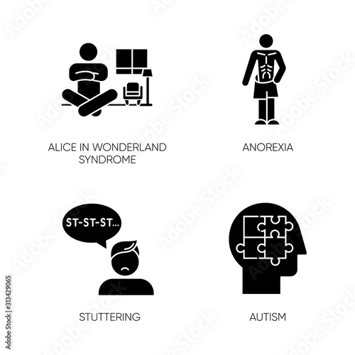 Mental disorder glyph icons set. Alice in wonderland syndrome. Anorexia. Eating disorder. Underweight body. Stuttering. Speech disorder. Autism. Silhouette symbols. Vector isolated illustration