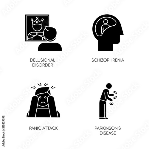 Mental disorder glyph icons set. Delusional person. Schizophrenia. Panic attack. Parkinson disease. Megalomania. Dementia. Tremor in movement. Silhouette symbols. Vector isolated illustration