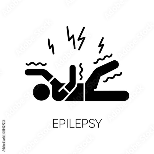 Epilepsy glyph icon. Convulsive seizure. Shaking and tremor. Movement trouble. Epileptic stroke. Abnormal activity. Mental disorder. Silhouette symbol. Negative space. Vector isolated illustration